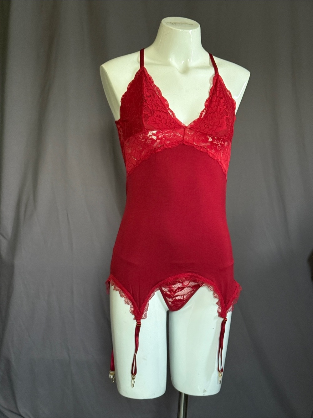 Frederick's of Hollywood Red Lace Garter Chemise set
